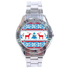 Red And Green Christmas Tree Winter Pattern Pixel Elk Buckle Holidays Stainless Steel Analogue Watch