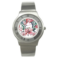 Botanical T- Shirt Botanical Pattern Hummingbird T- Shirt Stainless Steel Watch by EnriqueJohnson