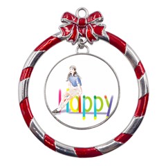 Happy Metal Red Ribbon Round Ornament by SychEva