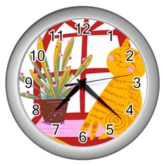 Cat Pet Ginger Art Animal Cartoon Wall Clock (silver) by uniart180623