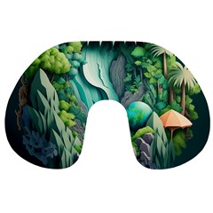 Waterfall Jungle Nature Paper Craft Trees Tropical Travel Neck Pillow by uniart180623