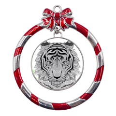 Tiger Head Metal Red Ribbon Round Ornament by Ket1n9