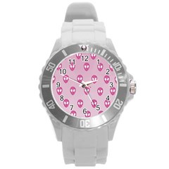 Alien Pattern Pink Round Plastic Sport Watch (l) by Ket1n9