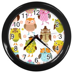 Cute Owls Pattern Wall Clock (Black)