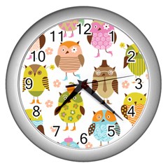 Cute Owls Pattern Wall Clock (Silver)