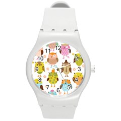 Cute Owls Pattern Round Plastic Sport Watch (m) by Ket1n9