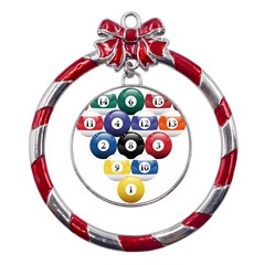 Racked Billiard Pool Balls Metal Red Ribbon Round Ornament