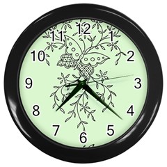 Illustration Of Butterflies And Flowers Ornament On Green Background Wall Clock (black) by Ket1n9