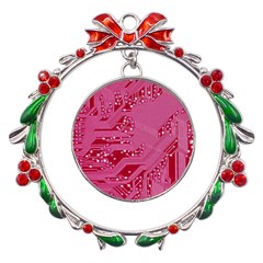 Pink Circuit Pattern Metal X mas Wreath Ribbon Ornament by Ket1n9