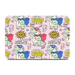 Seamless-pattern-with-many-funny-cute-superhero-dinosaurs-t-rex-mask-cloak-with-comics-style-inscrip Plate Mats by Ket1n9