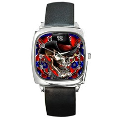 Confederate Flag Usa America United States Csa Civil War Rebel Dixie Military Poster Skull Square Metal Watch by Ket1n9