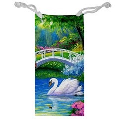 Swan Bird Spring Flowers Trees Lake Pond Landscape Original Aceo Painting Art Jewelry Bag by Ket1n9