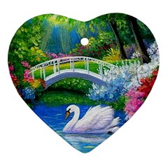 Swan Bird Spring Flowers Trees Lake Pond Landscape Original Aceo Painting Art Heart Ornament (two Sides) by Ket1n9