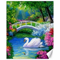 Swan Bird Spring Flowers Trees Lake Pond Landscape Original Aceo Painting Art Canvas 11  X 14  by Ket1n9