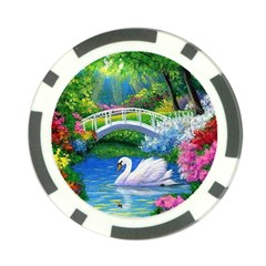 Swan Bird Spring Flowers Trees Lake Pond Landscape Original Aceo Painting Art Poker Chip Card Guard (10 Pack) by Ket1n9