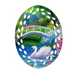 Swan Bird Spring Flowers Trees Lake Pond Landscape Original Aceo Painting Art Ornament (oval Filigree) by Ket1n9