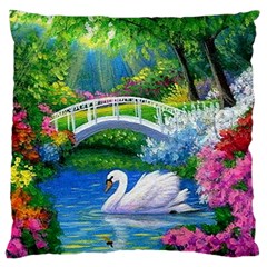 Swan Bird Spring Flowers Trees Lake Pond Landscape Original Aceo Painting Art Standard Premium Plush Fleece Cushion Case (two Sides) by Ket1n9