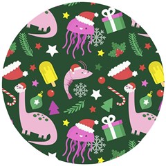 Dinosaur Colorful Funny Christmas Pattern Wooden Puzzle Round