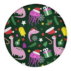 Dinosaur Colorful Funny Christmas Pattern Round Glass Fridge Magnet (4 pack)