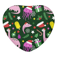 Dinosaur Colorful Funny Christmas Pattern Heart Glass Fridge Magnet (4 pack)