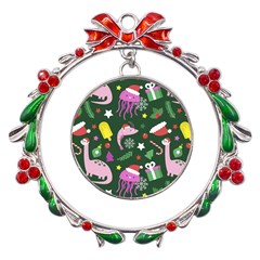 Dinosaur Colorful Funny Christmas Pattern Metal X mas Wreath Ribbon Ornament