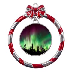 Aurora-borealis-northern-lights Metal Red Ribbon Round Ornament
