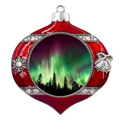 Aurora-borealis-northern-lights Metal Snowflake And Bell Red Ornament