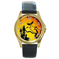 Halloween Night Terrors Round Gold Metal Watch by Ket1n9