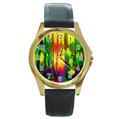 Abstract-vibrant-colour-botany Round Gold Metal Watch by Ket1n9