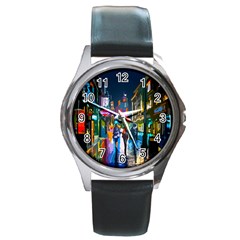 Abstract-vibrant-colour-cityscape Round Metal Watch