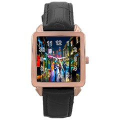 Abstract-vibrant-colour-cityscape Rose Gold Leather Watch 