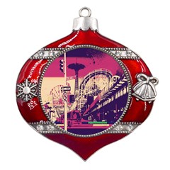 Pink City Retro Vintage Futurism Art Metal Snowflake And Bell Red Ornament