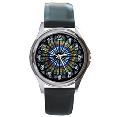 Stained Glass Rose Window In France s Strasbourg Cathedral Round Metal Watch by Ket1n9