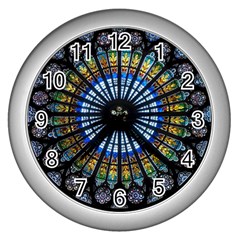 Stained Glass Rose Window In France s Strasbourg Cathedral Wall Clock (silver) by Ket1n9