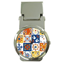 Mexican-talavera-pattern-ceramic-tiles-with-flower-leaves-bird-ornaments-traditional-majolica-style- Money Clip Watches by Ket1n9