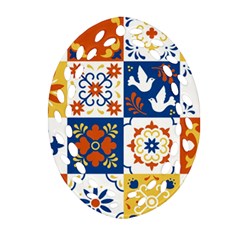 Mexican-talavera-pattern-ceramic-tiles-with-flower-leaves-bird-ornaments-traditional-majolica-style- Oval Filigree Ornament (two Sides) by Ket1n9