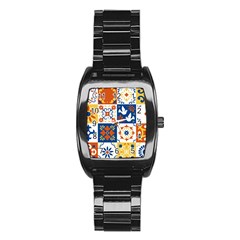 Mexican-talavera-pattern-ceramic-tiles-with-flower-leaves-bird-ornaments-traditional-majolica-style- Stainless Steel Barrel Watch