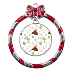 Cute-palm-volcano-seamless-pattern Metal Red Ribbon Round Ornament by Ket1n9