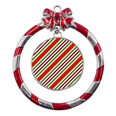 Christmas-color-stripes Metal Red Ribbon Round Ornament