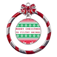 Merry Christmas Ya Filthy Animal Metal Red Ribbon Round Ornament