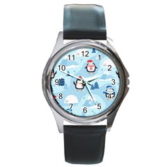 Christmas-seamless-pattern-with-penguin Round Metal Watch