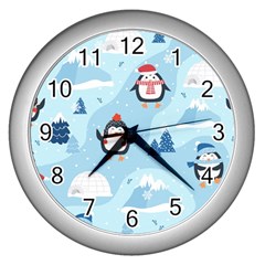 Christmas-seamless-pattern-with-penguin Wall Clock (Silver)