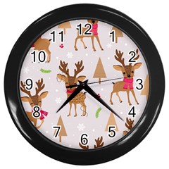 Christmas-seamless-pattern-with-reindeer Wall Clock (black) by Grandong