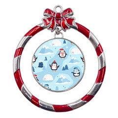 Christmas-seamless-pattern-with-penguin Metal Red Ribbon Round Ornament