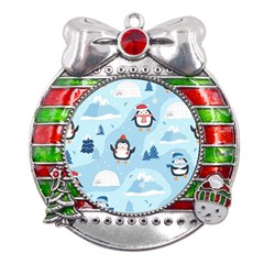 Christmas-seamless-pattern-with-penguin Metal X Mas Ribbon With Red Crystal Round Ornament