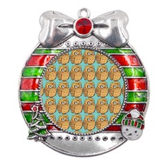 Owl-pattern-background Metal X mas Ribbon With Red Crystal Round Ornament by Grandong