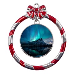 Aurora Borealis Mountain Reflection Metal Red Ribbon Round Ornament by Grandong