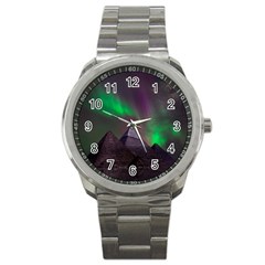 Aurora Stars Sky Mountains Snow Aurora Borealis Sport Metal Watch by Grandong