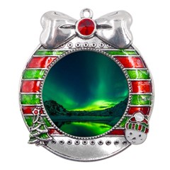 Iceland Aurora Borealis Metal X mas Ribbon With Red Crystal Round Ornament