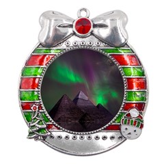 Aurora Stars Sky Mountains Snow Aurora Borealis Metal X mas Ribbon With Red Crystal Round Ornament by Grandong